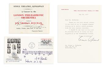 (MUSICIANS.) Group of 4 items Signed or Signed and Inscribed: Sergei Rachmaninoff * Aaron Copland * Henryk Górecki * Thomas Beecham.
